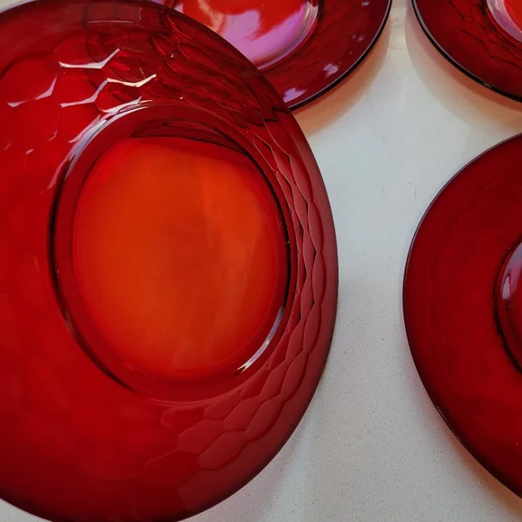 SOLD Ruby Red Plates Georgian Thumbprint Luncheon Dessert Salad 8" Set 4 - Picture 3 of 11